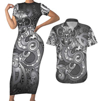 Aotearoa Maori Hei Tiki Couples Matching Short Sleeve Bodycon Dress and Hawaiian Shirt Kiwikiwi Kowhaiwhai Puhoro Motif LT9 Grey - Polynesian Pride