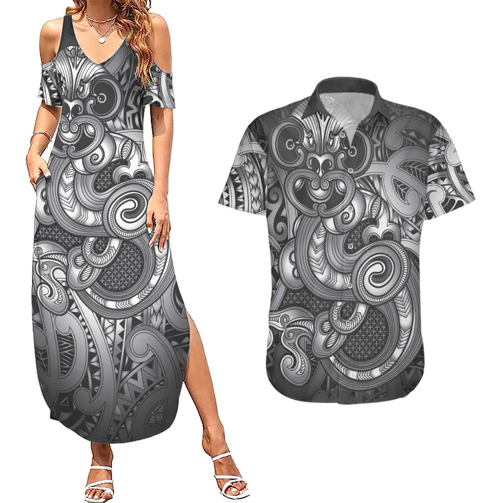 Aotearoa Maori Hei Tiki Couples Matching Summer Maxi Dress and Hawaiian Shirt Kiwikiwi Kowhaiwhai Puhoro Motif LT9 Grey - Polynesian Pride