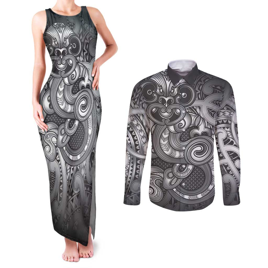 Aotearoa Maori Hei Tiki Couples Matching Tank Maxi Dress and Long Sleeve Button Shirt Kiwikiwi Kowhaiwhai Puhoro Motif LT9 Grey - Polynesian Pride