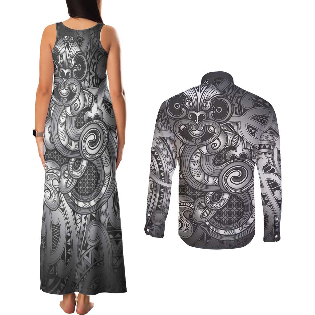 Aotearoa Maori Hei Tiki Couples Matching Tank Maxi Dress and Long Sleeve Button Shirt Kiwikiwi Kowhaiwhai Puhoro Motif LT9 - Polynesian Pride