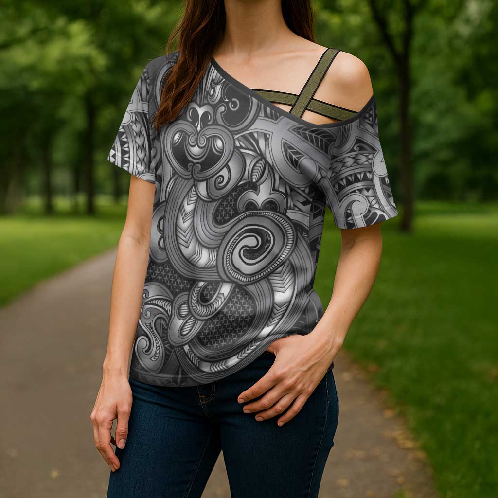 Aotearoa Maori Hei Tiki Cross Shoulder Shirt Kiwikiwi Kowhaiwhai Puhoro Motif