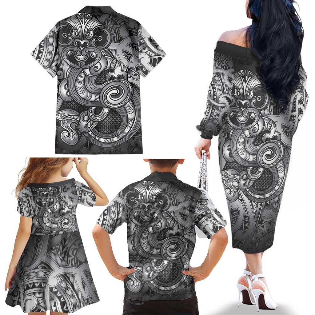 Aotearoa Maori Hei Tiki Family Matching Off The Shoulder Long Sleeve Dress and Hawaiian Shirt Kiwikiwi Kowhaiwhai Puhoro Motif LT9 - Polynesian Pride