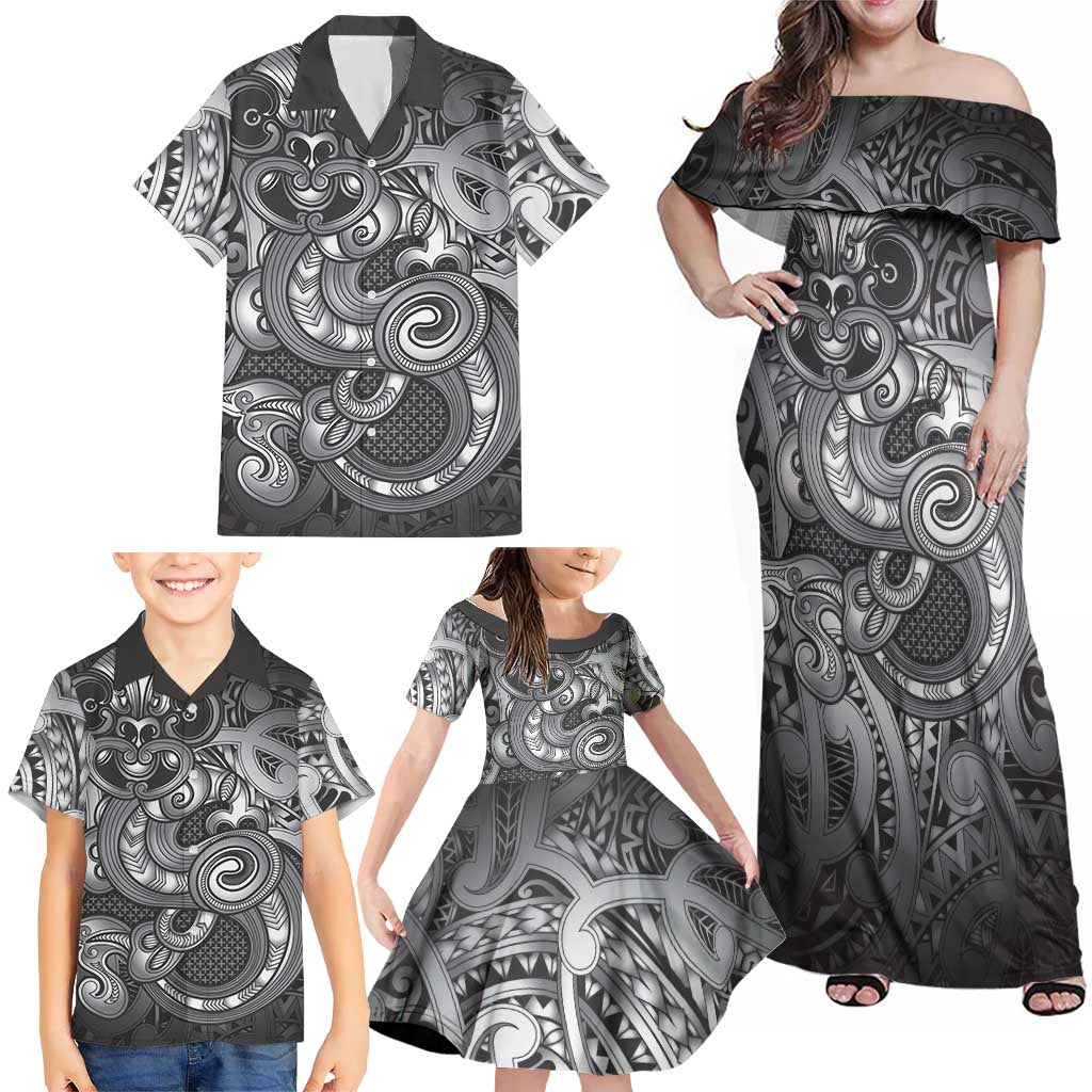 Aotearoa Maori Hei Tiki Family Matching Off Shoulder Maxi Dress and Hawaiian Shirt Kiwikiwi Kowhaiwhai Puhoro Motif LT9 - Polynesian Pride