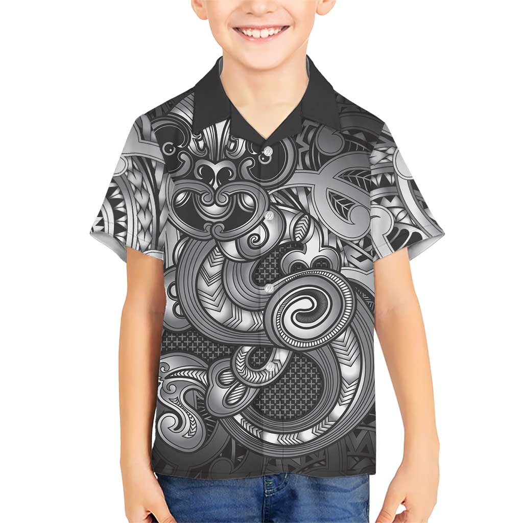 Aotearoa Maori Hei Tiki Family Matching Puletasi and Hawaiian Shirt Kiwikiwi Kowhaiwhai Puhoro Motif LT9 Son's Shirt Grey - Polynesian Pride