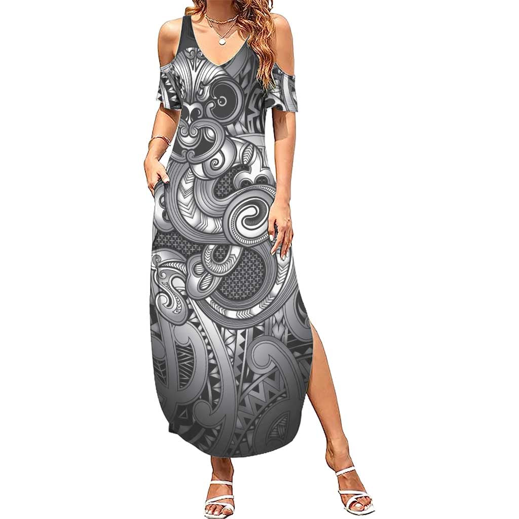 Aotearoa Maori Hei Tiki Family Matching Summer Maxi Dress and Hawaiian Shirt Kiwikiwi Kowhaiwhai Puhoro Motif LT9 Mom's Dress Grey - Polynesian Pride