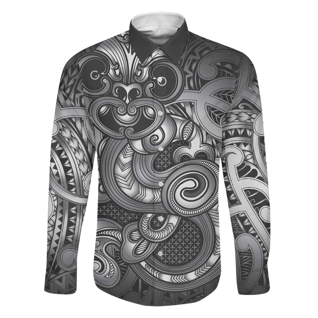 Aotearoa Maori Hei Tiki Family Matching Tank Maxi Dress and Hawaiian Shirt Kiwikiwi Kowhaiwhai Puhoro Motif LT9 Dad's Shirt - Long Sleeve Grey - Polynesian Pride