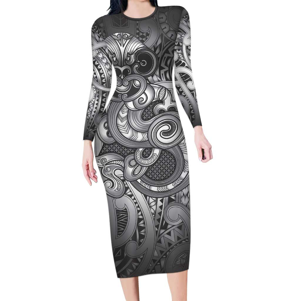 Aotearoa Maori Hei Tiki Long Sleeve Bodycon Dress Kiwikiwi Kowhaiwhai Puhoro Motif LT9 Long Dress Grey - Polynesian Pride