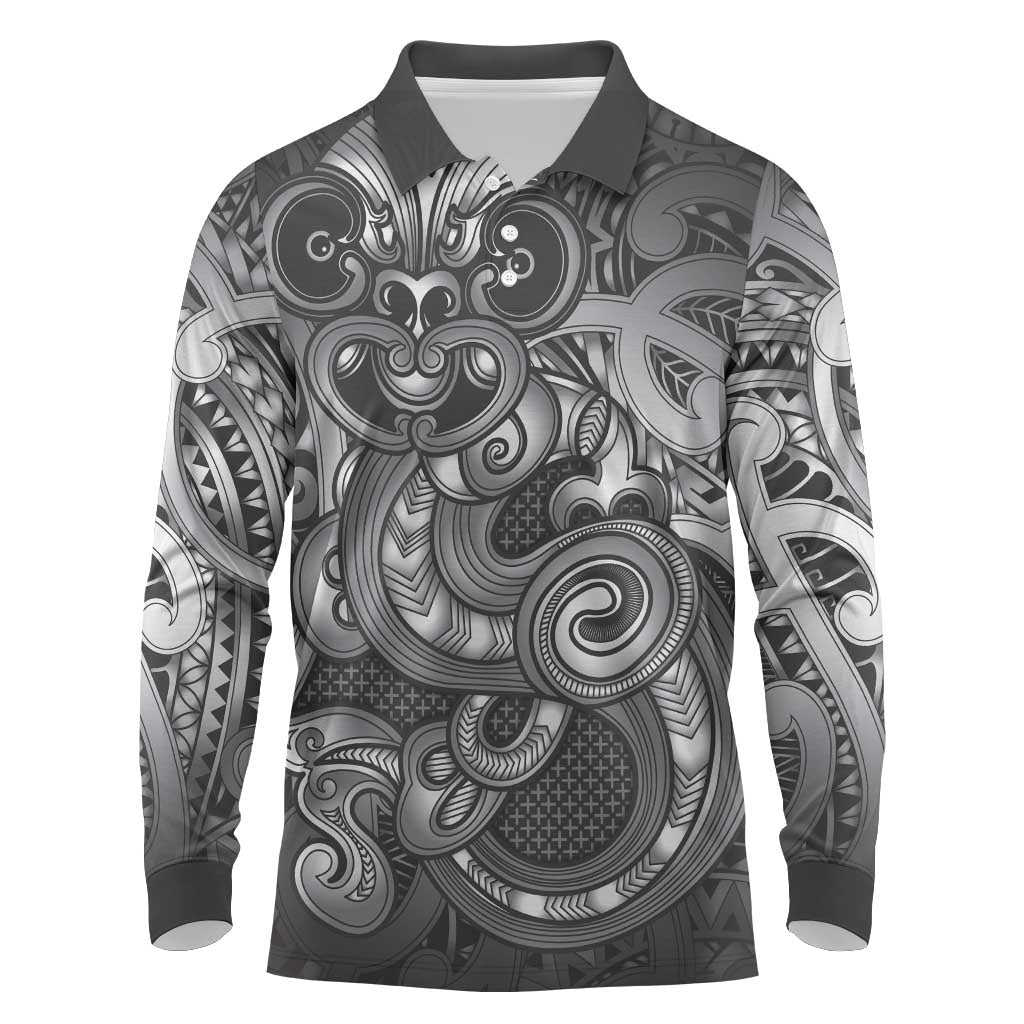 Aotearoa Maori Hei Tiki Long Sleeve Polo Shirt Kiwikiwi Kowhaiwhai Puhoro Motif LT9 Grey - Polynesian Pride