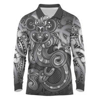 Aotearoa Maori Hei Tiki Long Sleeve Polo Shirt Kiwikiwi Kowhaiwhai Puhoro Motif LT9 Grey - Polynesian Pride