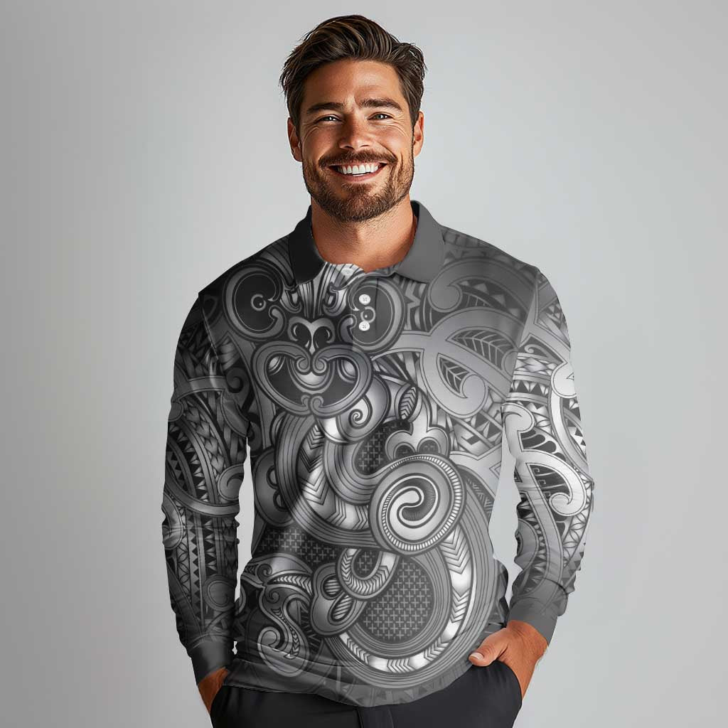 Aotearoa Maori Hei Tiki Long Sleeve Polo Shirt Kiwikiwi Kowhaiwhai Puhoro Motif LT9 - Polynesian Pride