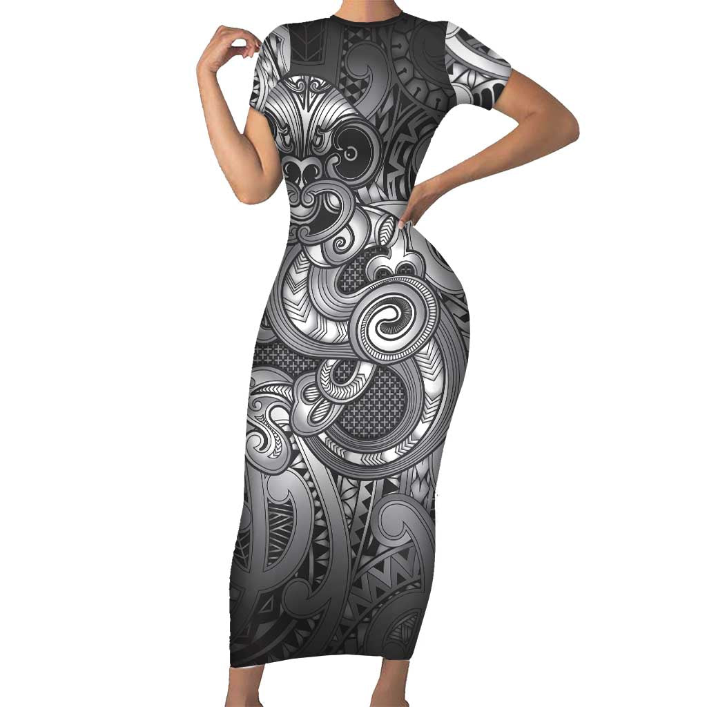 Aotearoa Maori Hei Tiki Short Sleeve Bodycon Dress Kiwikiwi Kowhaiwhai Puhoro Motif LT9 Long Dress Grey - Polynesian Pride