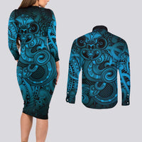 Aotearoa Maori Hei Tiki Couples Matching Long Sleeve Bodycon Dress and Long Sleeve Button Shirt Kikorangi Kowhaiwhai Puhoro Motif LT9 - Polynesian Pride