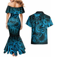 Aotearoa Maori Hei Tiki Couples Matching Mermaid Dress and Hawaiian Shirt Kikorangi Kowhaiwhai Puhoro Motif LT9 - Polynesian Pride
