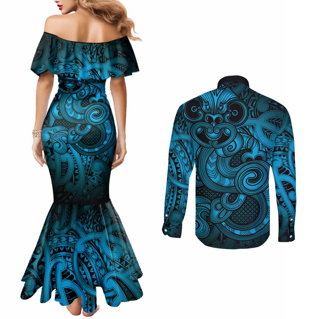Aotearoa Maori Hei Tiki Couples Matching Mermaid Dress and Long Sleeve Button Shirt Kikorangi Kowhaiwhai Puhoro Motif LT9 - Polynesian Pride