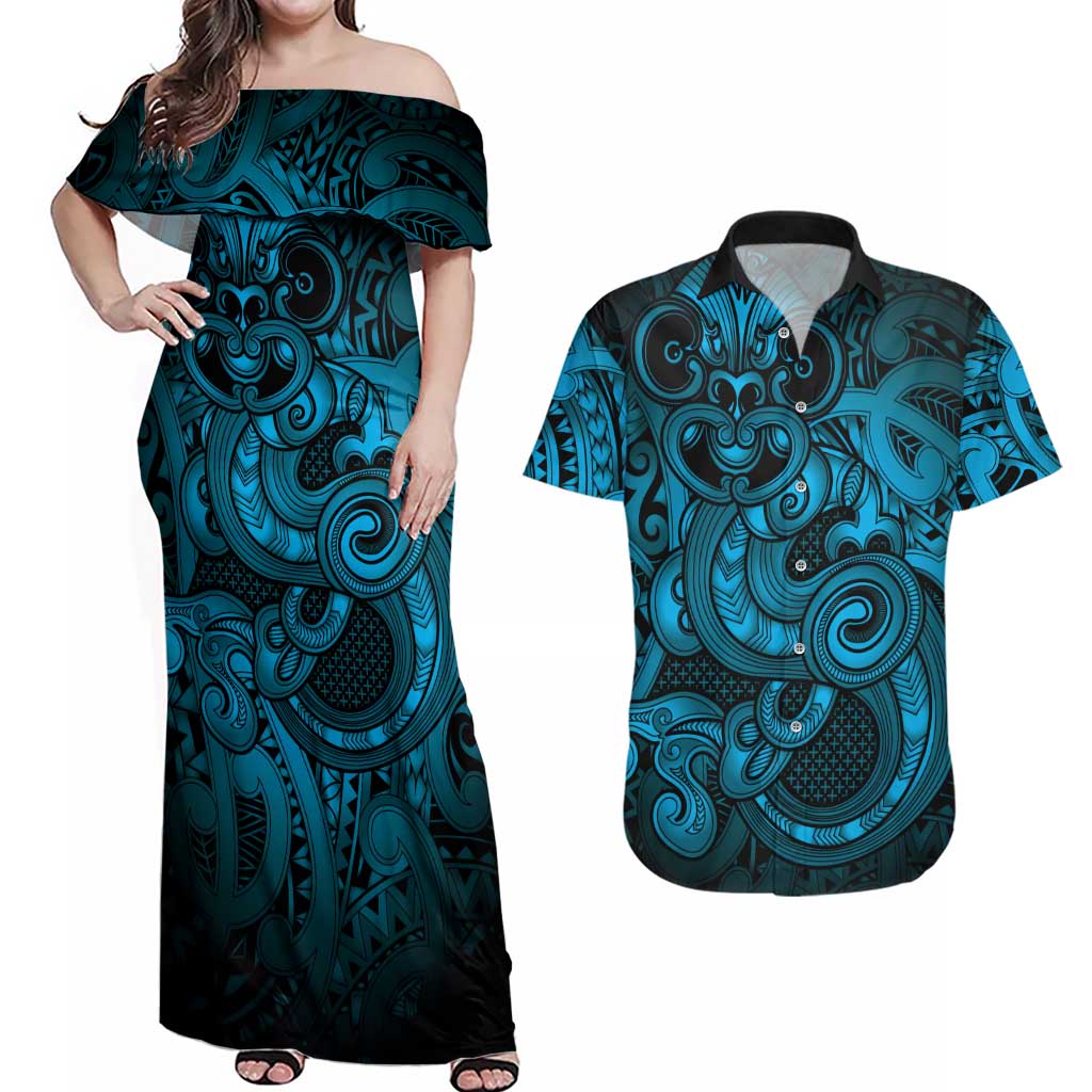 Aotearoa Maori Hei Tiki Couples Matching Off Shoulder Maxi Dress and Hawaiian Shirt Kikorangi Kowhaiwhai Puhoro Motif