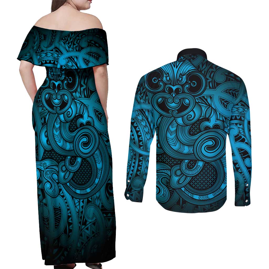 Aotearoa Maori Hei Tiki Couples Matching Off Shoulder Maxi Dress and Long Sleeve Button Shirt Kikorangi Kowhaiwhai Puhoro Motif LT9 - Polynesian Pride