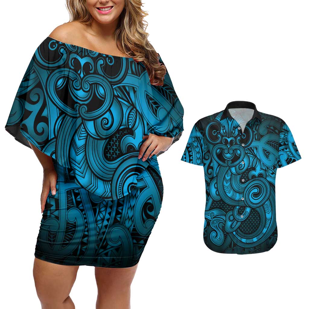 Aotearoa Maori Hei Tiki Couples Matching Off Shoulder Short Dress and Hawaiian Shirt Kikorangi Kowhaiwhai Puhoro Motif LT9 Blue - Polynesian Pride
