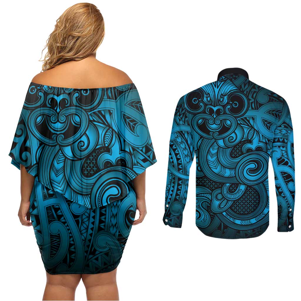 Aotearoa Maori Hei Tiki Couples Matching Off Shoulder Short Dress and Long Sleeve Button Shirt Kikorangi Kowhaiwhai Puhoro Motif LT9 - Polynesian Pride