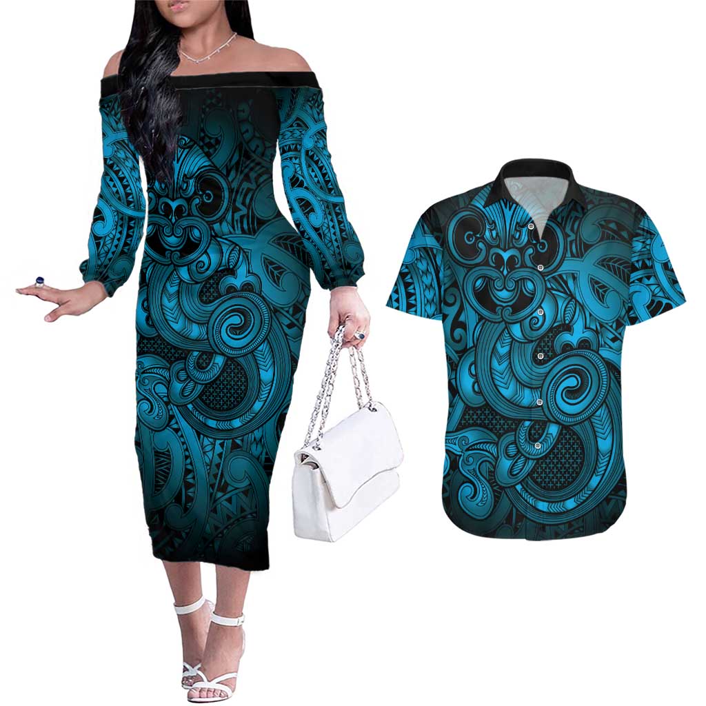 Aotearoa Maori Hei Tiki Couples Matching Off The Shoulder Long Sleeve Dress and Hawaiian Shirt Kikorangi Kowhaiwhai Puhoro Motif LT9 Blue - Polynesian Pride