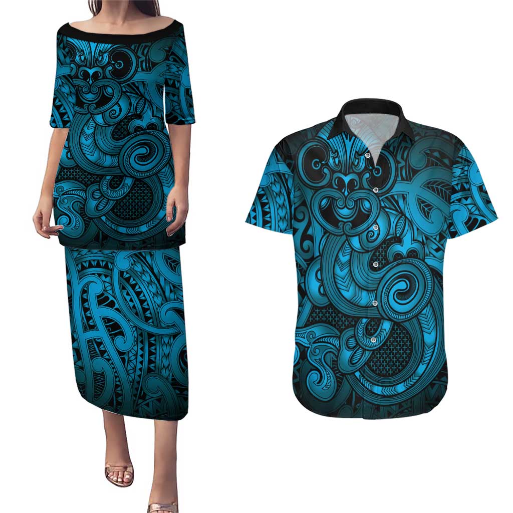 Aotearoa Maori Hei Tiki Couples Matching Puletasi and Hawaiian Shirt Kikorangi Kowhaiwhai Puhoro Motif LT9 Blue - Polynesian Pride