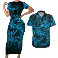 Aotearoa Maori Hei Tiki Couples Matching Short Sleeve Bodycon Dress and Hawaiian Shirt Kikorangi Kowhaiwhai Puhoro Motif LT9 Blue - Polynesian Pride