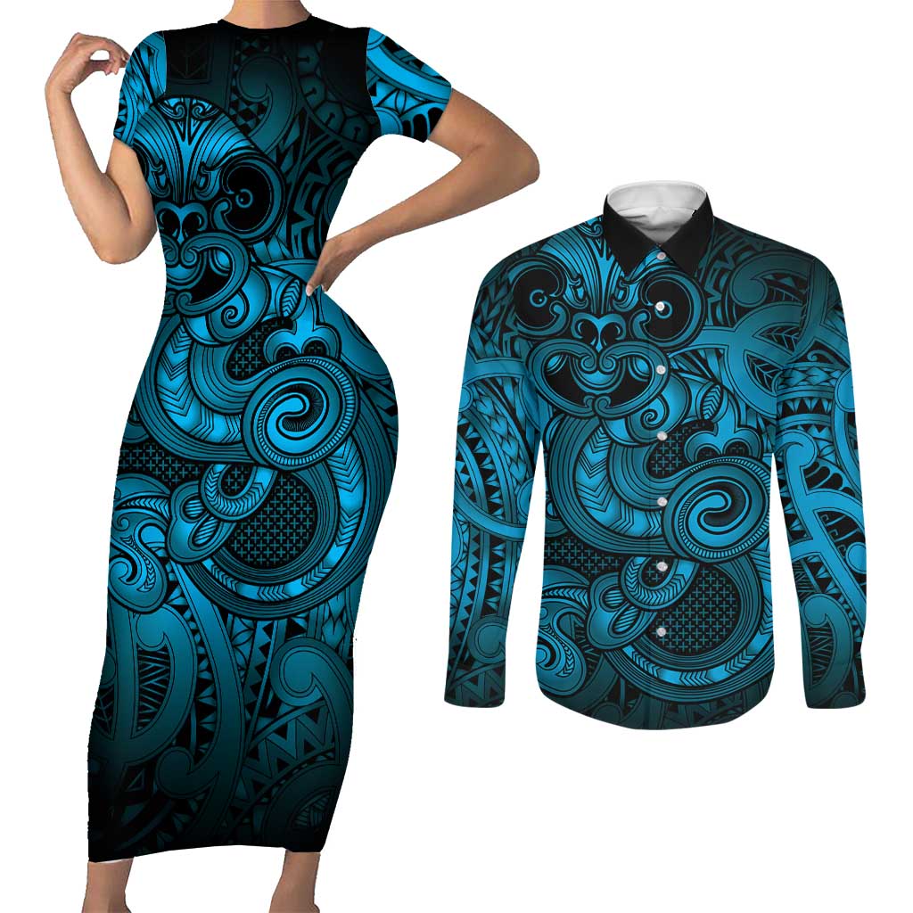 Aotearoa Maori Hei Tiki Couples Matching Short Sleeve Bodycon Dress and Long Sleeve Button Shirt Kikorangi Kowhaiwhai Puhoro Motif