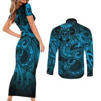 Aotearoa Maori Hei Tiki Couples Matching Short Sleeve Bodycon Dress and Long Sleeve Button Shirt Kikorangi Kowhaiwhai Puhoro Motif LT9 - Polynesian Pride
