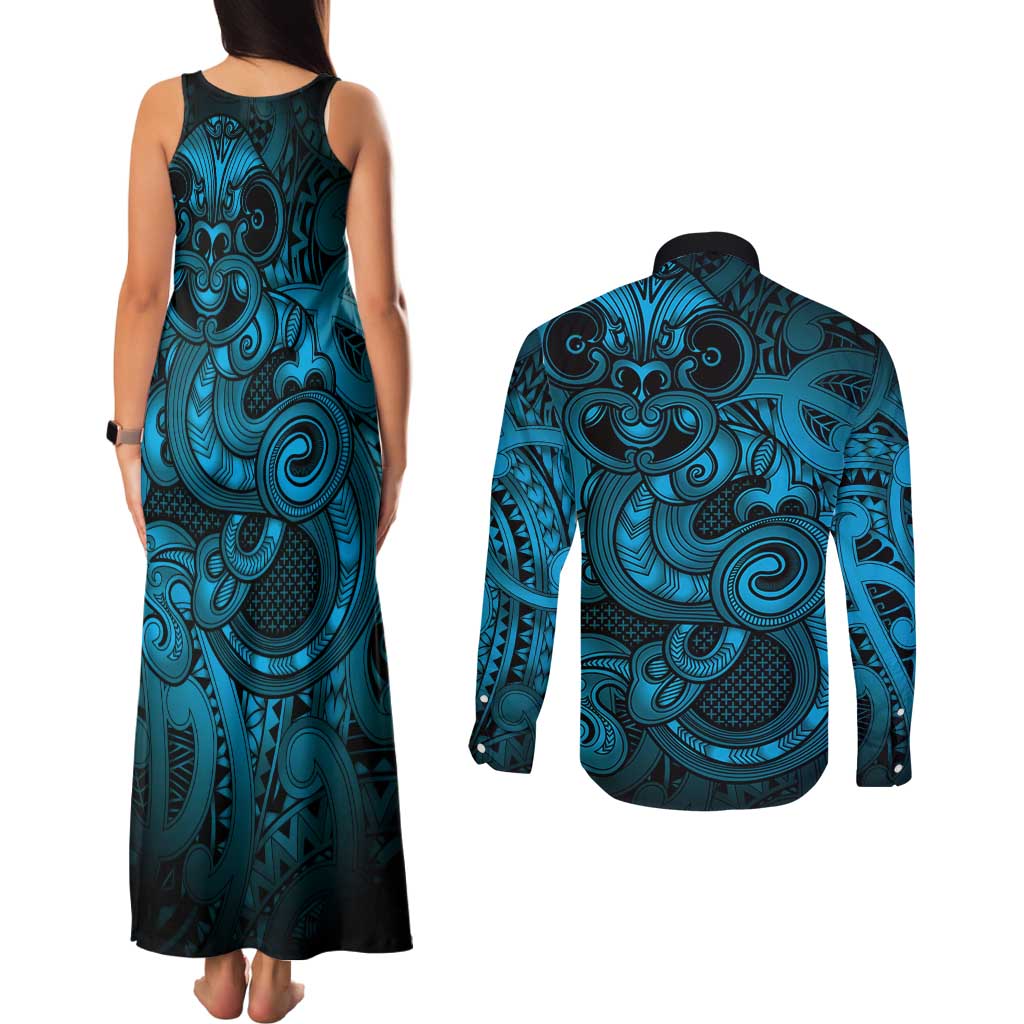 Aotearoa Maori Hei Tiki Couples Matching Tank Maxi Dress and Long Sleeve Button Shirt Kikorangi Kowhaiwhai Puhoro Motif LT9 - Polynesian Pride