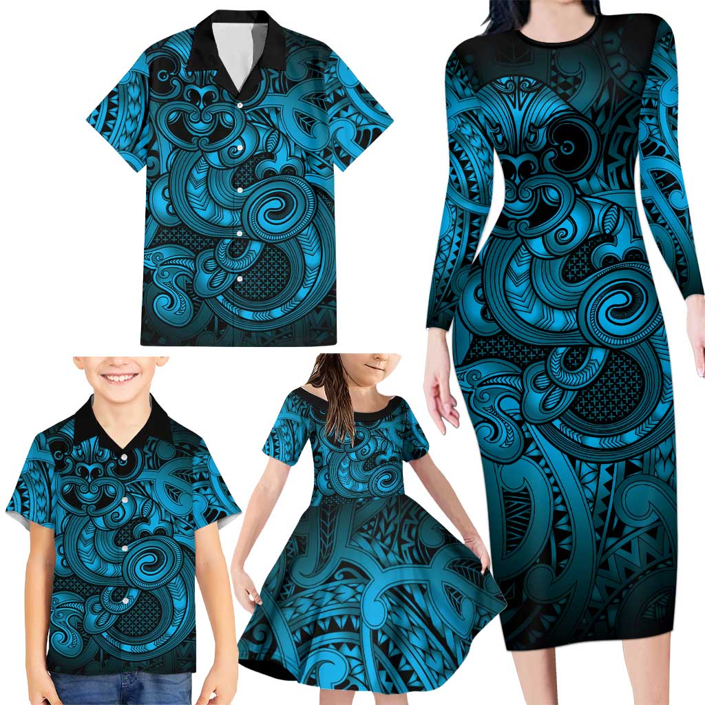 Aotearoa Maori Hei Tiki Family Matching Long Sleeve Bodycon Dress and Hawaiian Shirt Kikorangi Kowhaiwhai Puhoro Motif LT9 - Polynesian Pride