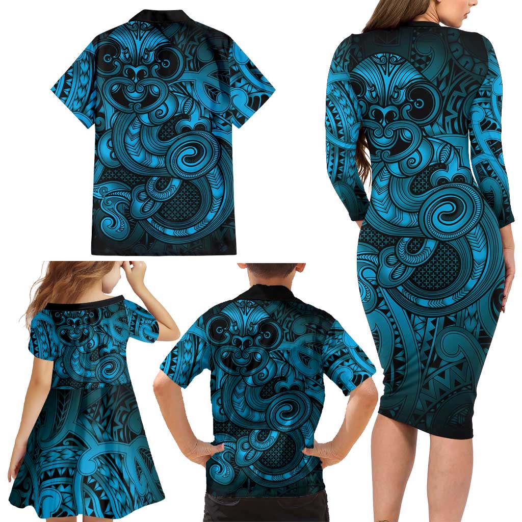 Aotearoa Maori Hei Tiki Family Matching Long Sleeve Bodycon Dress and Hawaiian Shirt Kikorangi Kowhaiwhai Puhoro Motif LT9 - Polynesian Pride