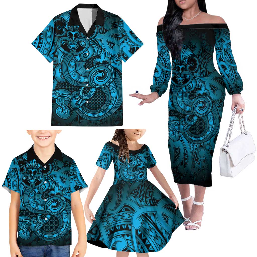 Aotearoa Maori Hei Tiki Family Matching Off The Shoulder Long Sleeve Dress and Hawaiian Shirt Kikorangi Kowhaiwhai Puhoro Motif LT9 - Polynesian Pride