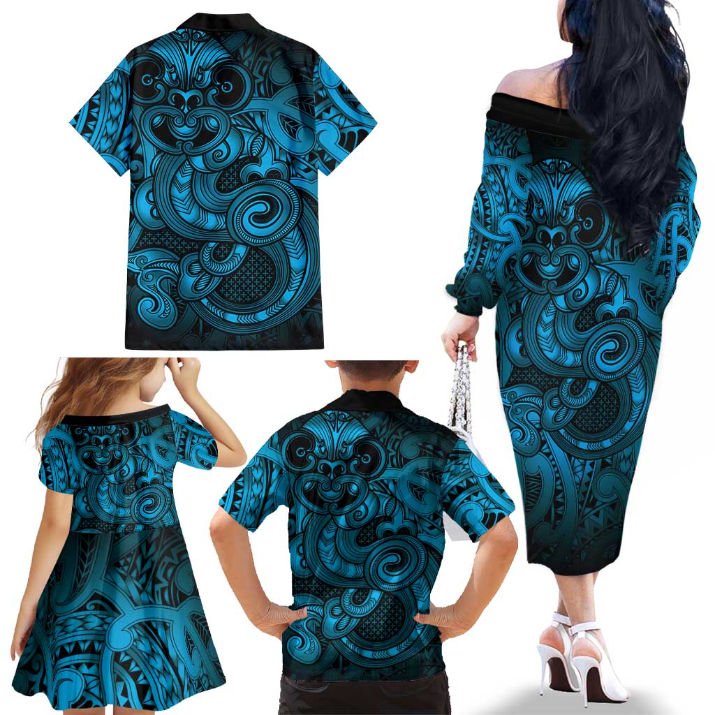 Aotearoa Maori Hei Tiki Family Matching Off The Shoulder Long Sleeve Dress and Hawaiian Shirt Kikorangi Kowhaiwhai Puhoro Motif LT9 - Polynesian Pride