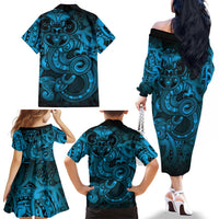 Aotearoa Maori Hei Tiki Family Matching Off The Shoulder Long Sleeve Dress and Hawaiian Shirt Kikorangi Kowhaiwhai Puhoro Motif LT9 - Polynesian Pride