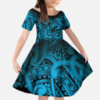 Aotearoa Maori Hei Tiki Family Matching Off Shoulder Short Dress and Hawaiian Shirt Kikorangi Kowhaiwhai Puhoro Motif LT9 Daughter's Dress Blue - Polynesian Pride
