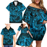 Aotearoa Maori Hei Tiki Family Matching Off Shoulder Short Dress and Hawaiian Shirt Kikorangi Kowhaiwhai Puhoro Motif LT9 - Polynesian Pride