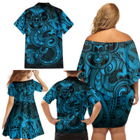 Aotearoa Maori Hei Tiki Family Matching Off Shoulder Short Dress and Hawaiian Shirt Kikorangi Kowhaiwhai Puhoro Motif LT9 - Polynesian Pride