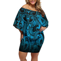 Aotearoa Maori Hei Tiki Family Matching Off Shoulder Short Dress and Hawaiian Shirt Kikorangi Kowhaiwhai Puhoro Motif LT9 Mom's Dress Blue - Polynesian Pride