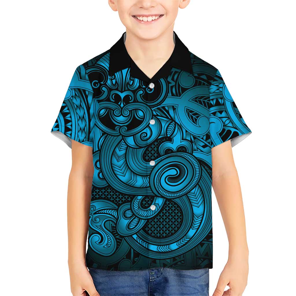 Aotearoa Maori Hei Tiki Family Matching Off Shoulder Short Dress and Hawaiian Shirt Kikorangi Kowhaiwhai Puhoro Motif LT9 Son's Shirt Blue - Polynesian Pride
