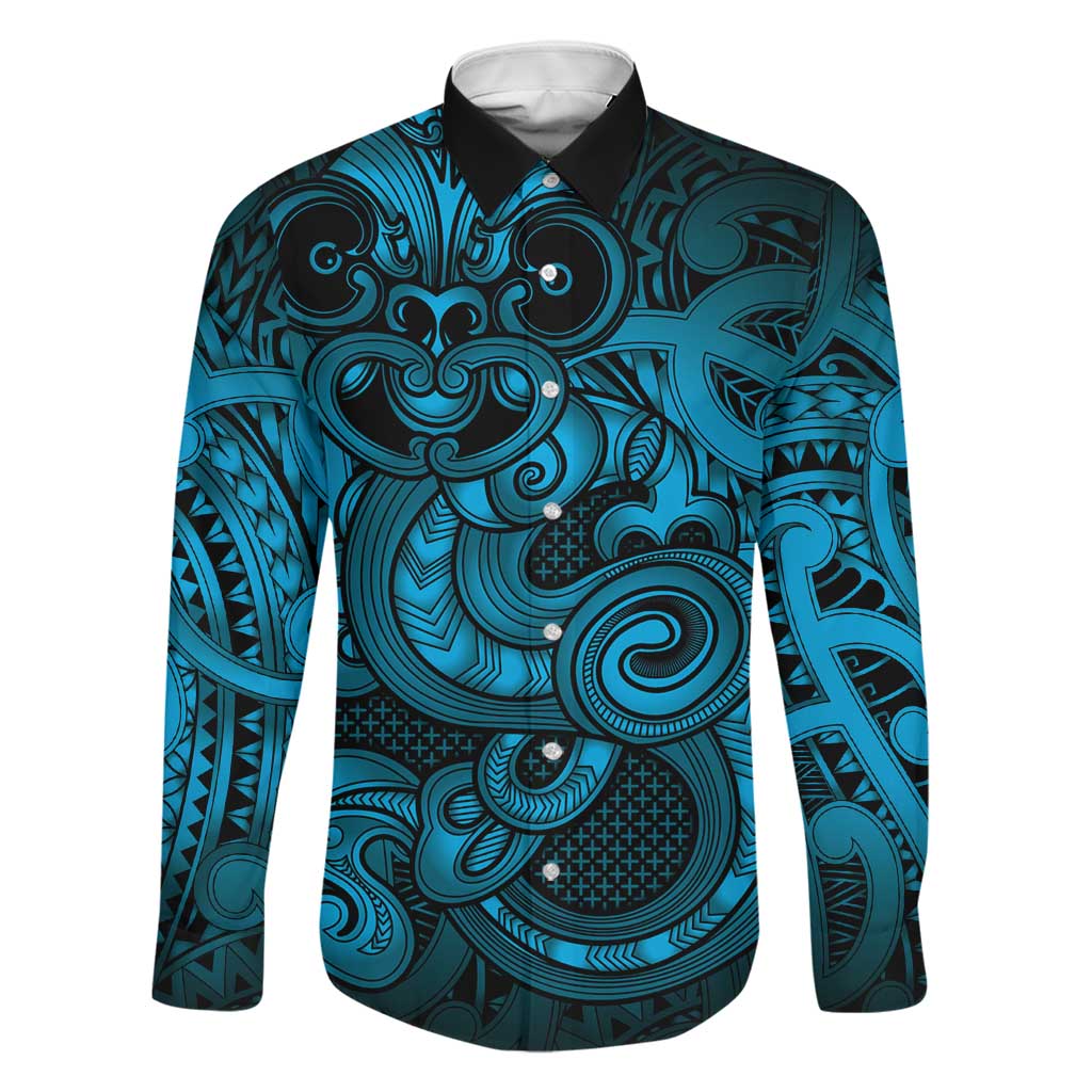 Aotearoa Maori Hei Tiki Family Matching Puletasi and Hawaiian Shirt Kikorangi Kowhaiwhai Puhoro Motif LT9 Dad's Shirt - Long Sleeve Blue - Polynesian Pride