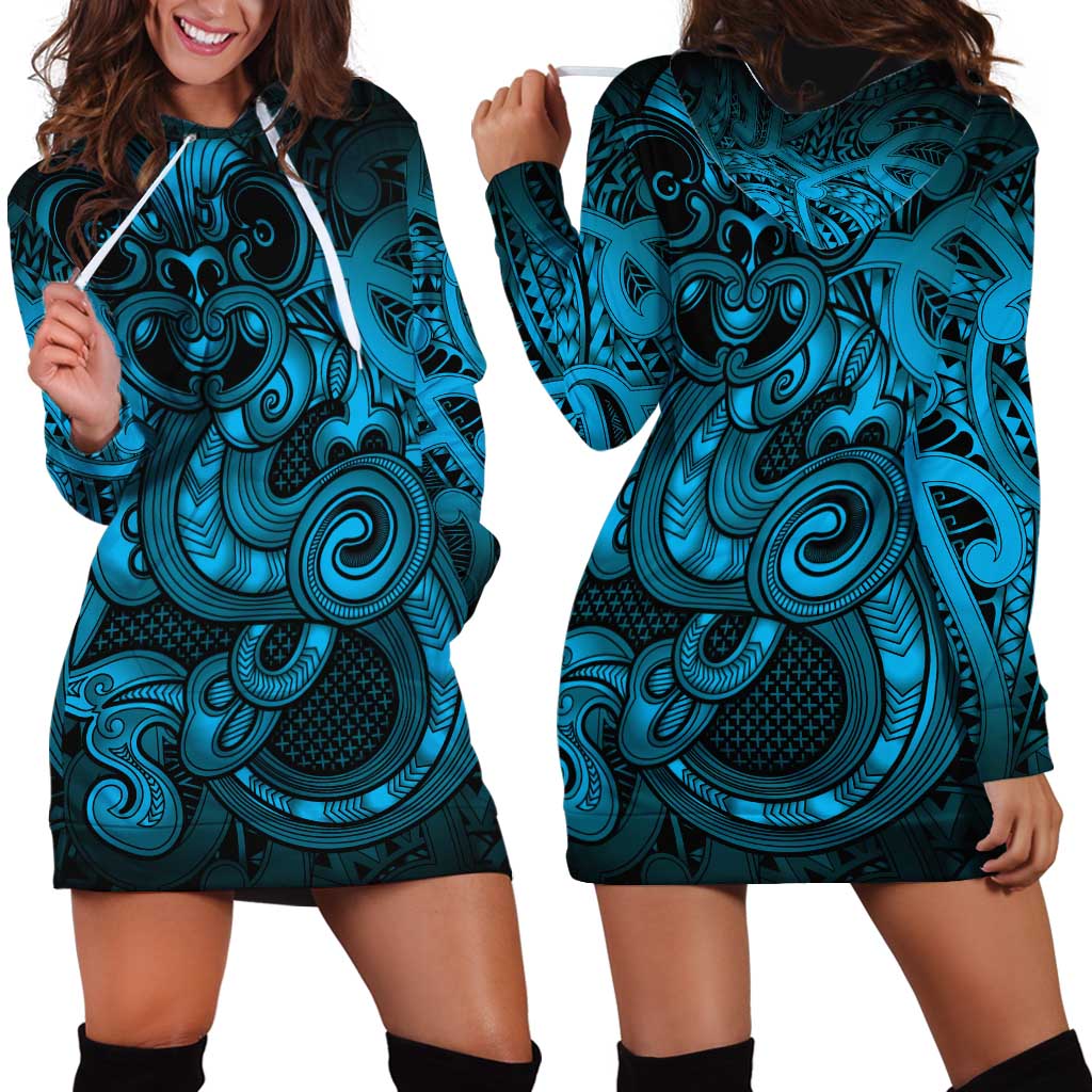 Aotearoa Maori Hei Tiki Hoodie Dress Kikorangi Kowhaiwhai Puhoro Motif LT9 - Polynesian Pride