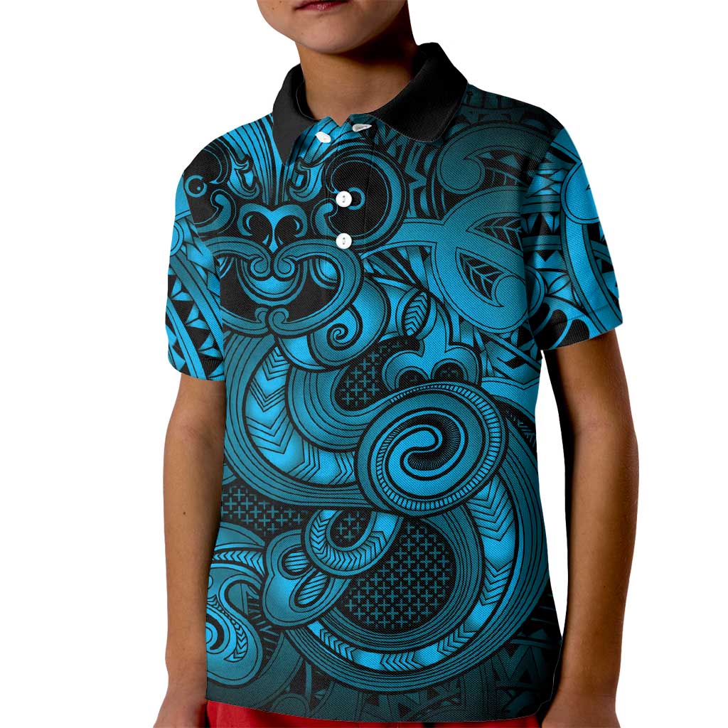 Aotearoa Maori Hei Tiki Kid Polo Shirt Kikorangi Kowhaiwhai Puhoro Motif