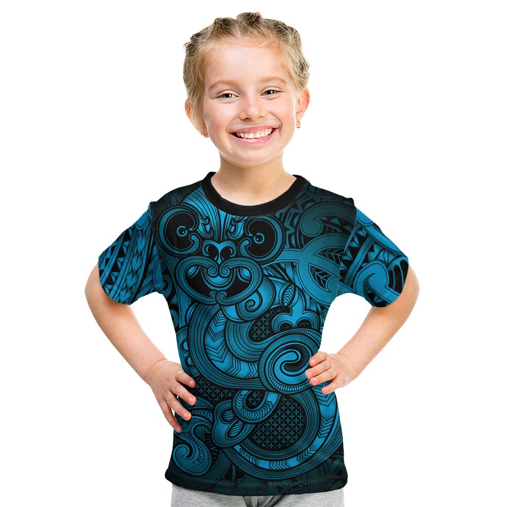 Aotearoa Maori Hei Tiki Kid T Shirt Kikorangi Kowhaiwhai Puhoro Motif