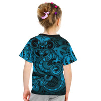 Aotearoa Maori Hei Tiki Kid T Shirt Kikorangi Kowhaiwhai Puhoro Motif