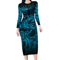 Aotearoa Maori Hei Tiki Long Sleeve Bodycon Dress Kikorangi Kowhaiwhai Puhoro Motif LT9 Long Dress Blue - Polynesian Pride