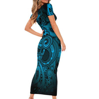 Aotearoa Maori Hei Tiki Short Sleeve Bodycon Dress Kikorangi Kowhaiwhai Puhoro Motif LT9 - Polynesian Pride