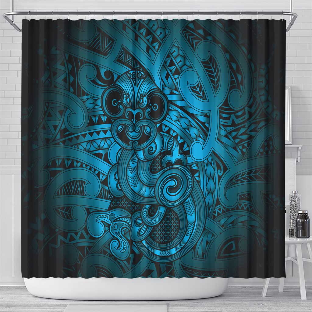 Aotearoa Maori Hei Tiki Shower Curtain Kikorangi Kowhaiwhai Puhoro Motif
