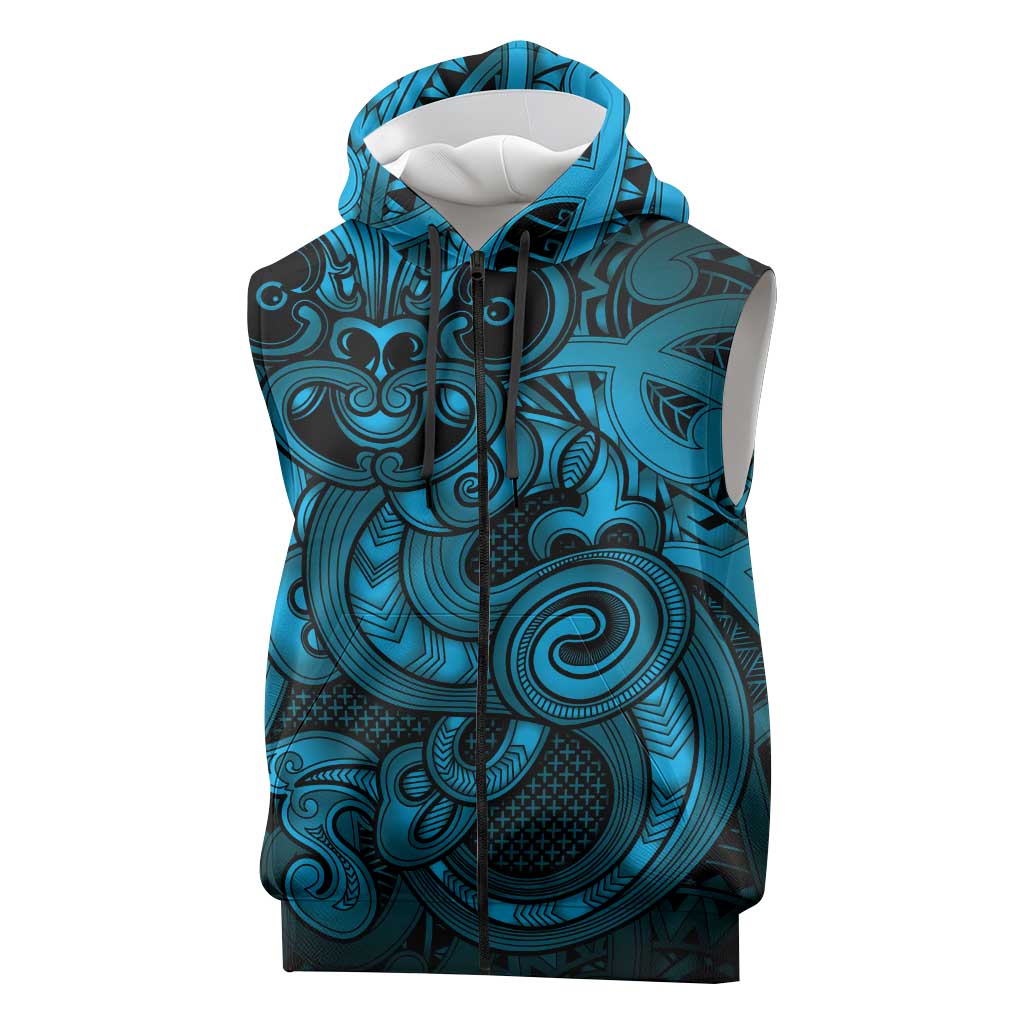 Aotearoa Maori Hei Tiki Sleeveless Zip Hoodie Kikorangi Kowhaiwhai Puhoro Motif LT9 Blue - Polynesian Pride