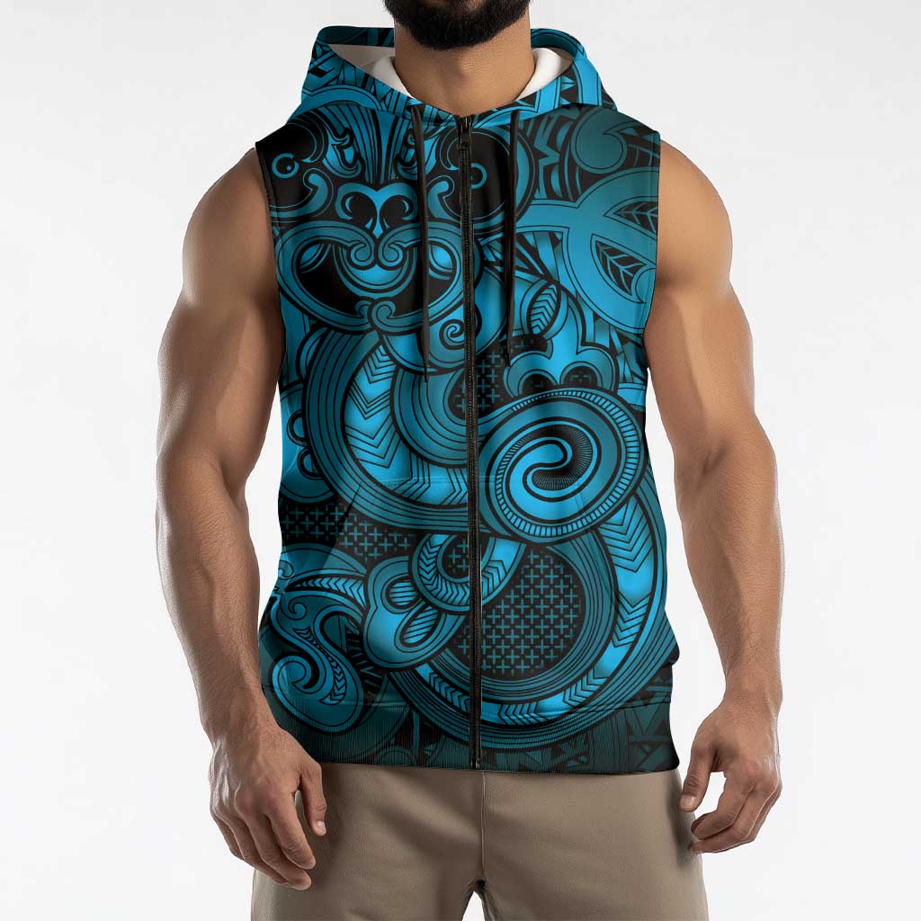 Aotearoa Maori Hei Tiki Sleeveless Zip Hoodie Kikorangi Kowhaiwhai Puhoro Motif LT9 - Polynesian Pride