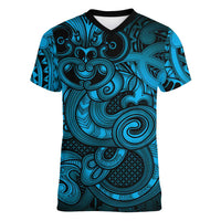 Aotearoa Maori Hei Tiki Women V-Neck T-Shirt Kikorangi Kowhaiwhai Puhoro Motif LT9 Female Blue - Polynesian Pride