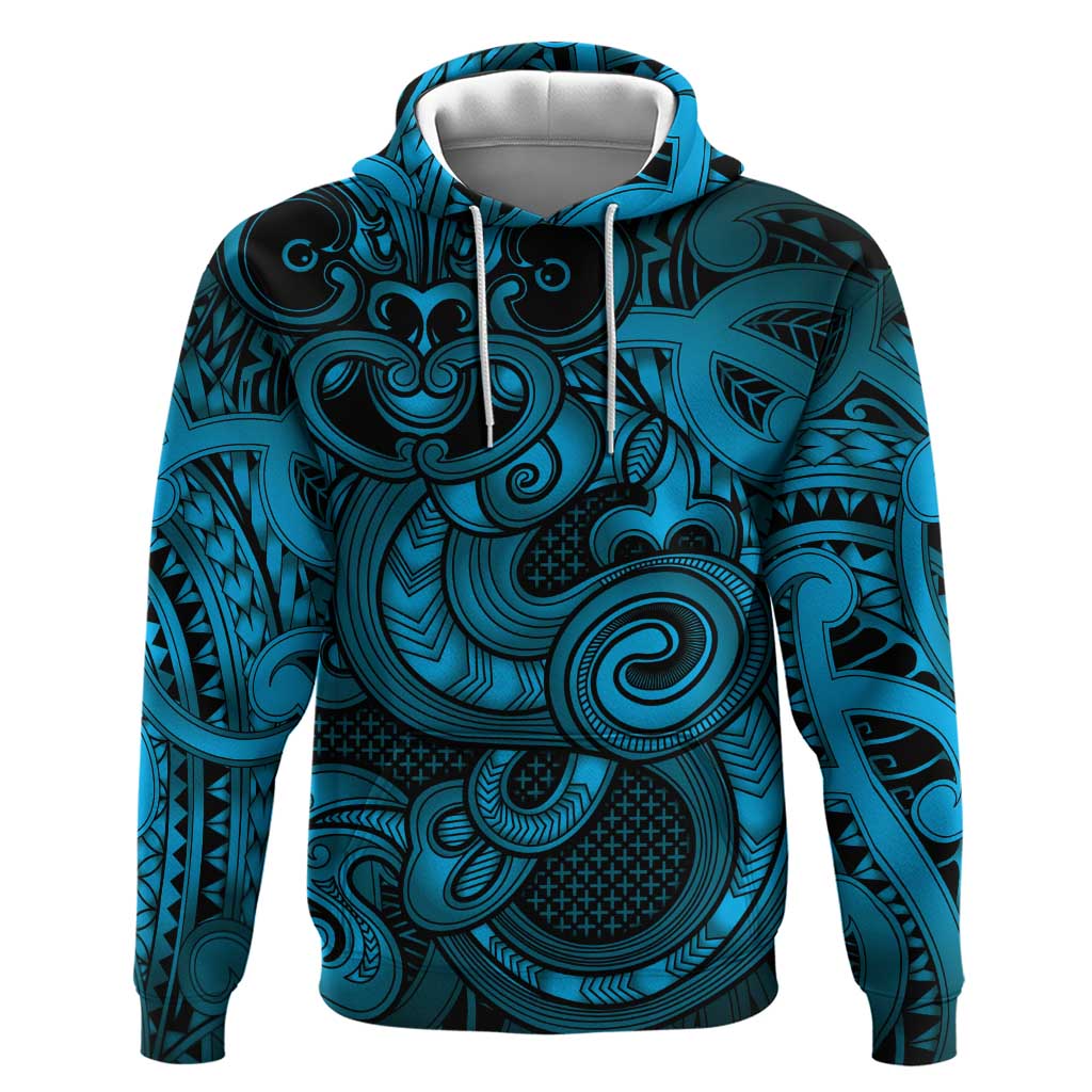 Aotearoa Maori Hei Tiki Zip Hoodie Kikorangi Kowhaiwhai Puhoro Motif
